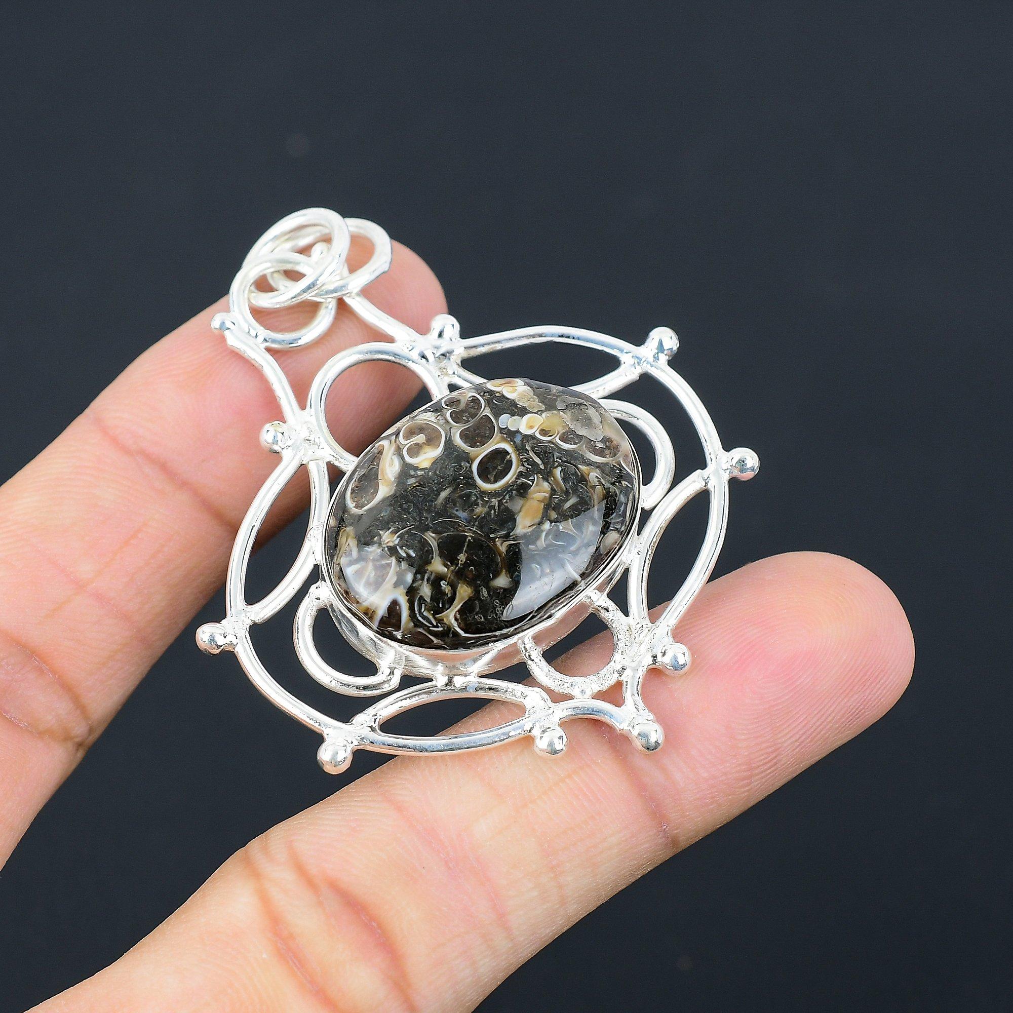 Mothers day Sale Oval Turritella Agate Stone Art Deco Sister Pendant 925 Silver