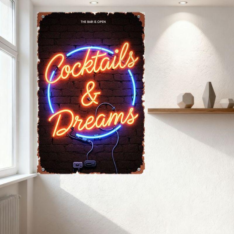 Letrero de Neón Vintage 'Cocktails & Dreams' Letrero de Lata, Decoración Retro de Pared de Ladrillo para Bar Pub, Placa de Pared para Cueva de Hombre para Cafetería Restaurante Hogar B
