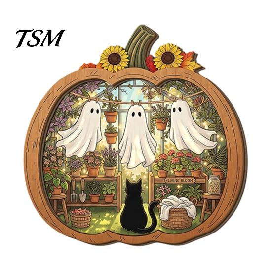 Wooden Desktop Shelf Accessory Halloween Ghost Tabletop Ornament, 2D Flat Cute Reading Bathing Fall Harvest Home Decoration Watering Plaque with Stand