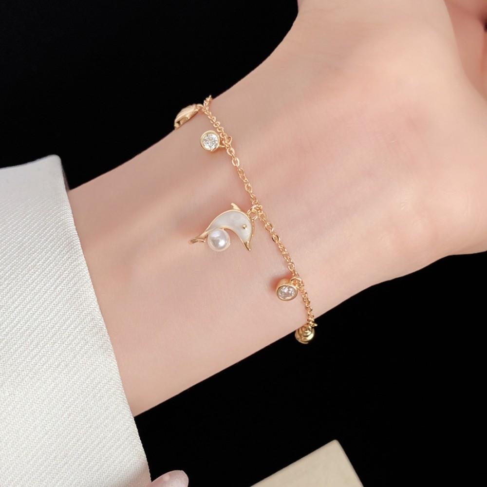 Sea Series Metal Shell Dolphin Bracelet Imitation Pearl Beach Hand Chain  Women