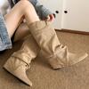 Fashion Khaki Faux Suede Mid Calf Boots for Women 2025 Fashion Pointed Toe Pleated Western Boots Woman Slip On Autumn Winter Booties