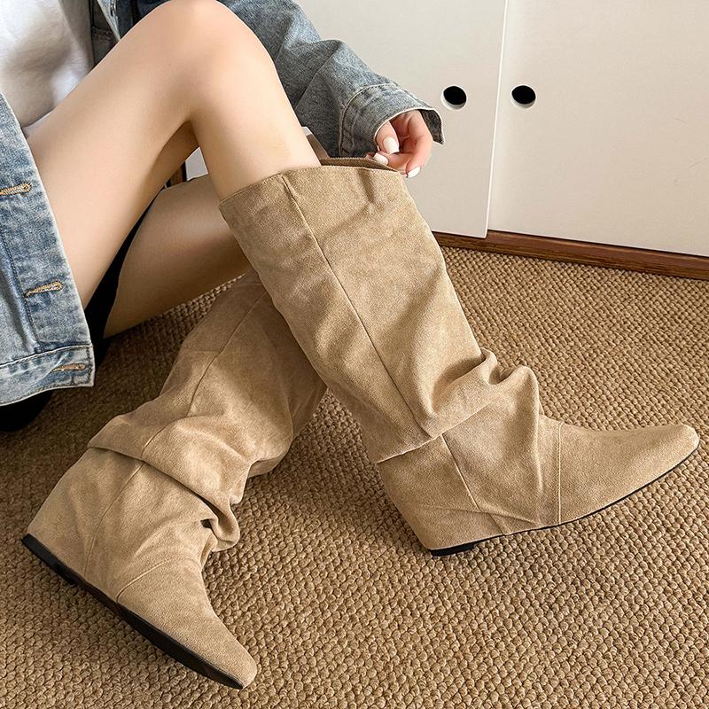 Fashion Khaki Faux Suede Mid Calf Boots for Women 2025 Fashion Pointed Toe Pleated Western Boots Woman Slip On Autumn Winter Booties