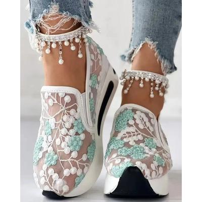 Fashion Adult Female Sneakers Women's Sneakers Floral Embroidery Mesh Sneakers for Women Slip On Casual Comfy Heeled Shoes Woman