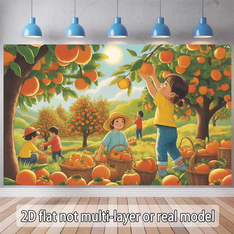 2D Farm Themed Decor Tapestry Children Picking Oranges Themed Wall Hanging