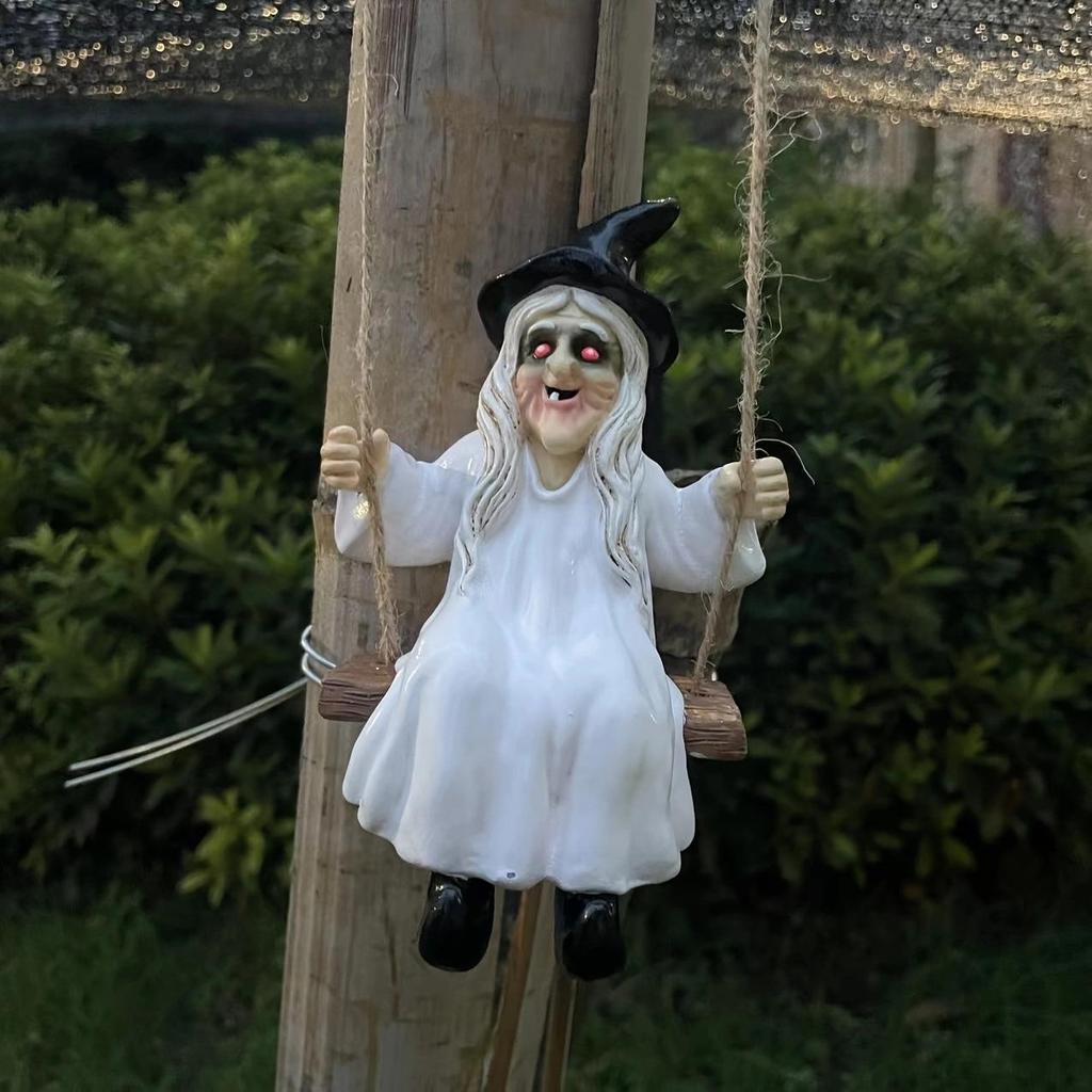 Ghost and Witch Pendant Set: Black-Clad Ghost Swing, White-Clad Ghost with Cat, Purple-Clad Witch for Courtyard & Garden Decor