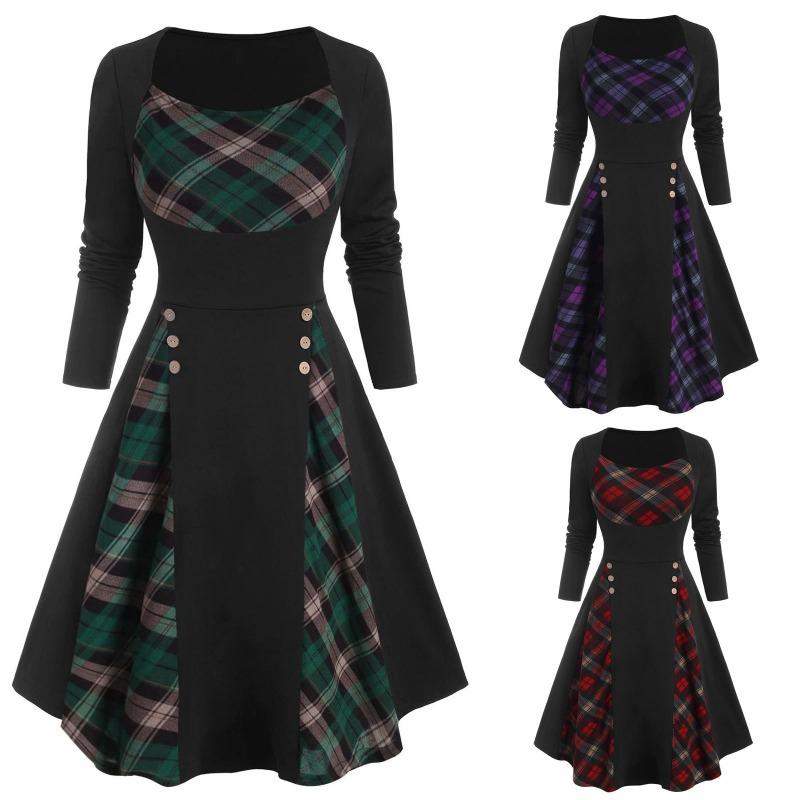 New autumn women's clothing plaid printing waist dress long dress