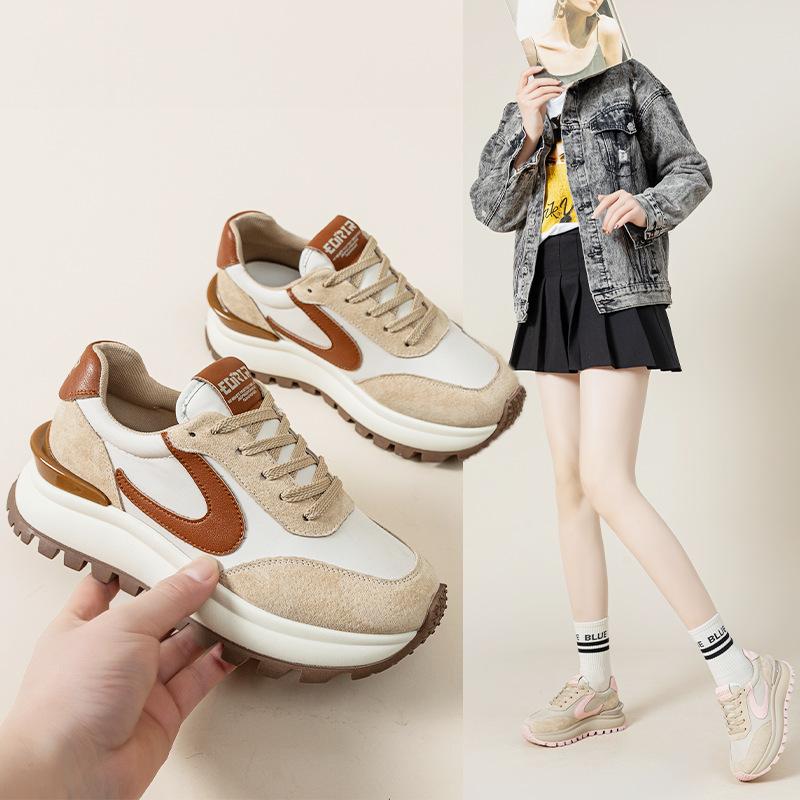Women's spring new leather platform sports style casual shoes versatile, lightweight and non-slip running shoes