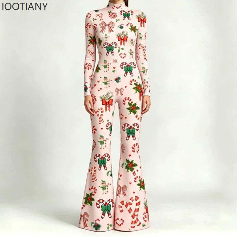 Women Christmas Flare Jumpsuit Candy Cane Snowflake Pattern Bell Bottom Skull Bodysuit Halloween Xmas Clubwear Party Costume