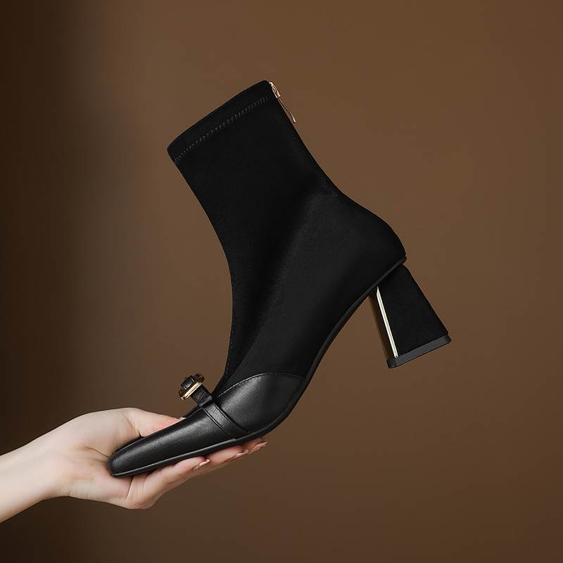 Krazing Pot Flock Cow Skin Square Toe Thick Heels Chelsea Boots Size 42 Beauty Lady Women Metal Buckle Ankle Boots