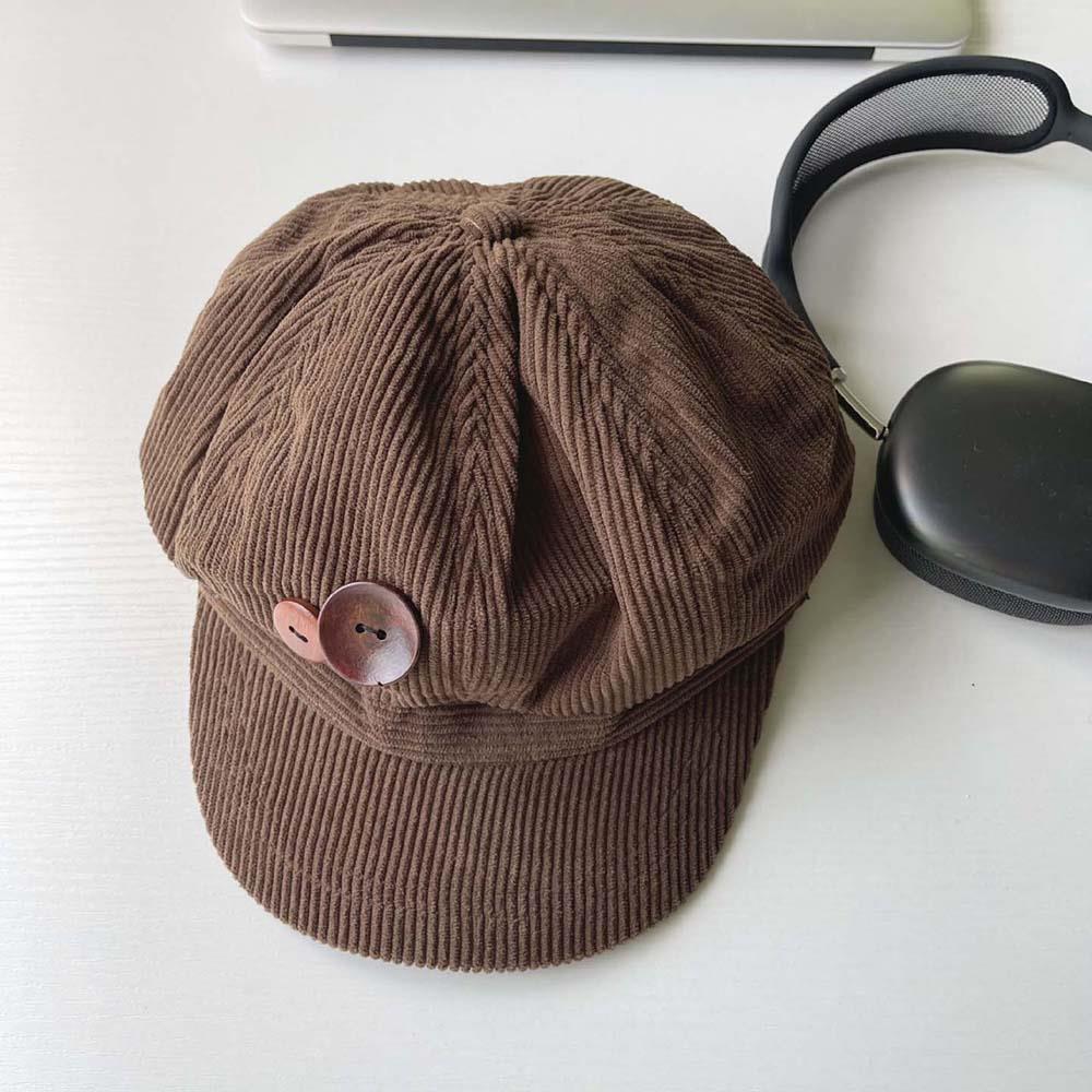 Koreanische Knopf-Achtkantkappe Vintage Cord-Barettmütze Für Damen Herbst Winter Maler Künstler Hüte Japanische Braune Schirmmützen