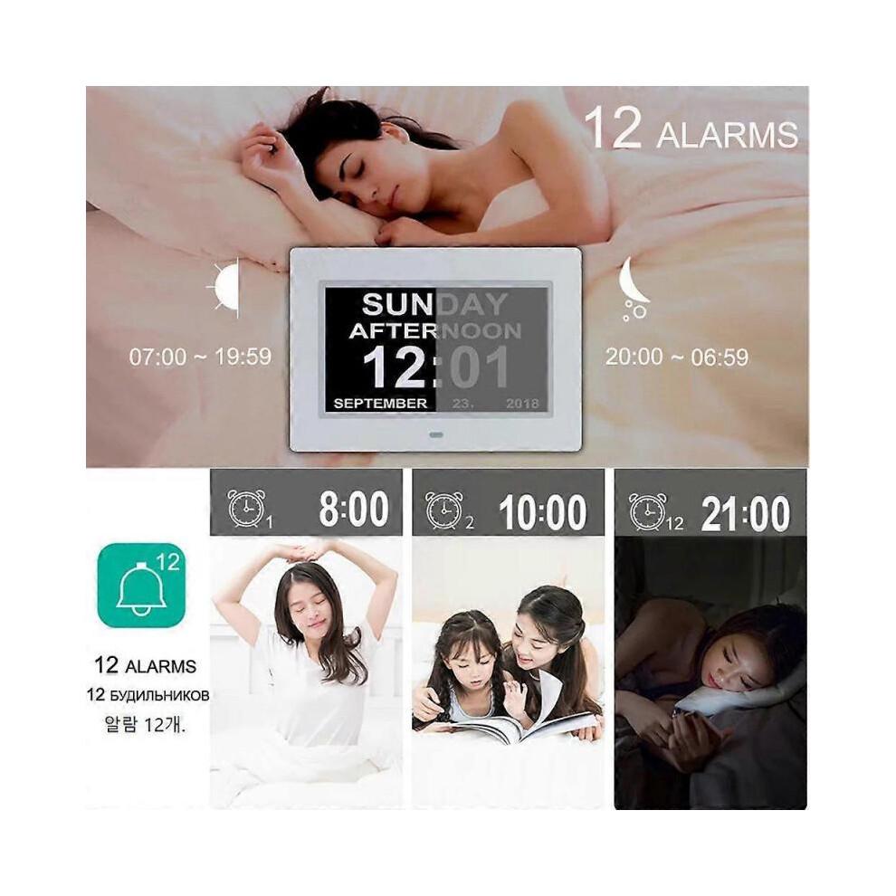 (Black) 12 Alarms Digital LED Calendar Clock with Multi-Languages to display. Medicine Time Reminder for Elder.Home Desk Wall Decoration