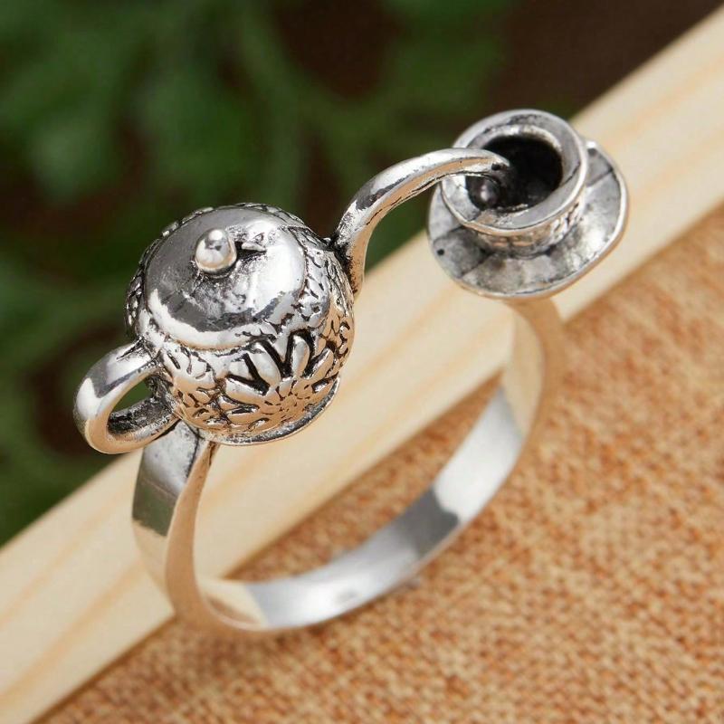 1PC Vintage Temperament Floral Pattern Pouring Teapot Geometric Adjustable Opening Ring For Men Fashion Jewelry Accessories