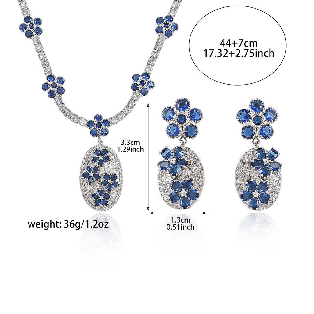European & American Style Women's Zircon Necklace & Flower Pendant Clavicle Chain Earring Set
