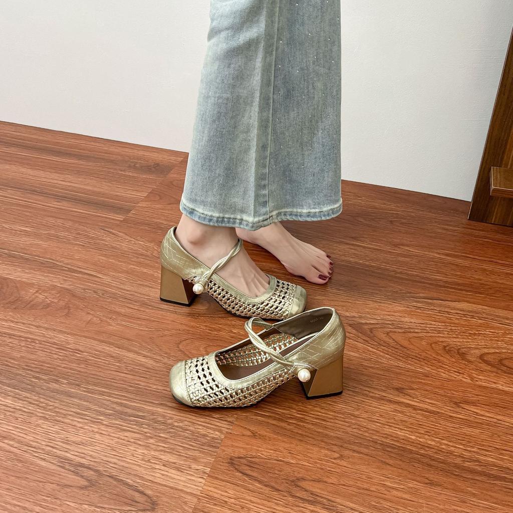 2025 summer new Mary Jane woven single shoes women wear high-end temperament single shoes women thick heels are not tired