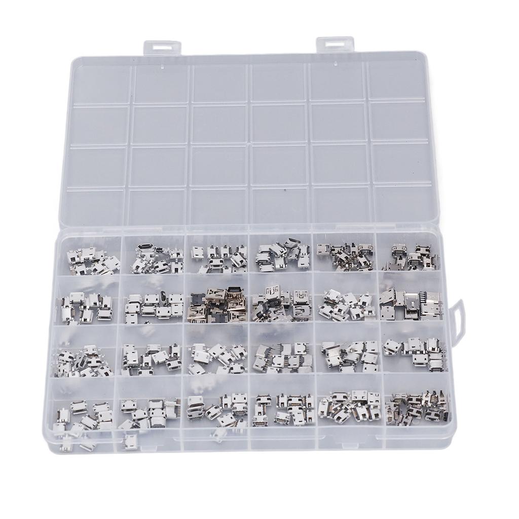 240 Pcs Micro USB Connector Set Stainless Steel Single Row USB Female Port Socket Connectors