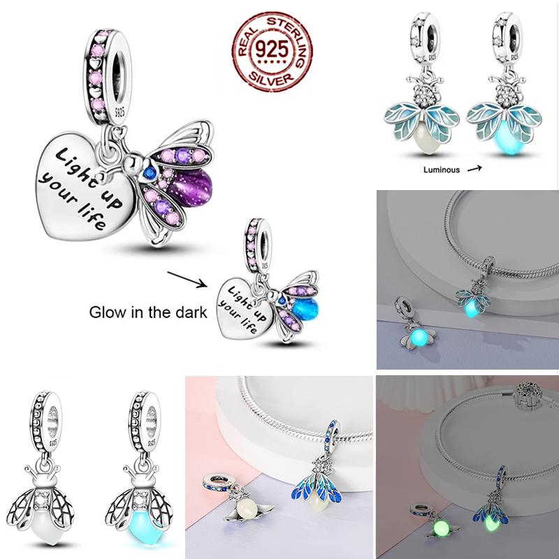 Charms Beads 925 Sterling Copper Pink Butterfly Luminous Firefly Chameleon Heart Charm Fit Original Bracelet DIY Holiday Zircon