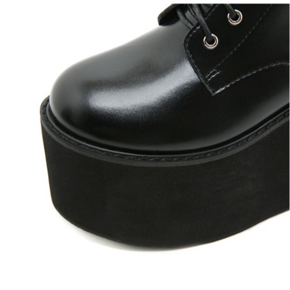 Women Lace Up Martin Boots Metal Leather Splice Chunky Heel Platform Side Zipper High Heel Ankle Boots