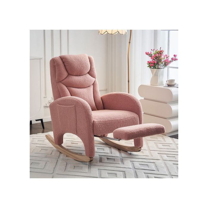 Fauteuil à bascule - MUVOE - Teddy - Tissu Teddy rose - Repose-pieds pliable - Capacité 110 kg