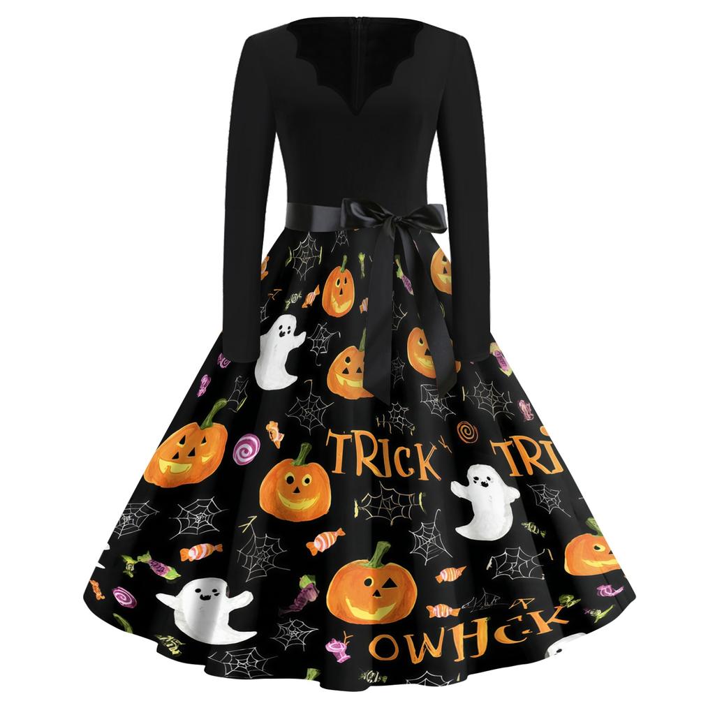 Women's Casual Halloween Dress V Neck Long Sleeve Retro Style Vintage Ghost Print Midi Dress with Waist Tie for Daily Wear