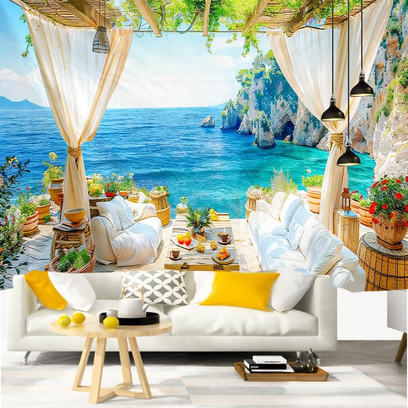 Wall Tapestry with Beach View, Ocean and Palm Tree Art, Tropical Style Design, Bohemian Decoration for Living Room and Bedroom.