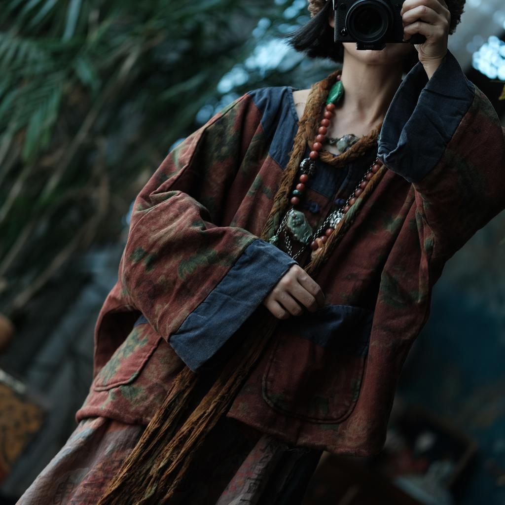 Johnature Damen Vintage Jacken O-Ausschnitt Langarm Mäntel Knopf Patchwork Taschen Herbst Lockere Jacken