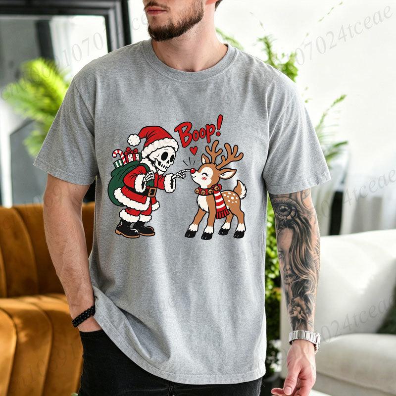Cotton T-Shirt Christmas Skeleton Santa Reindeer Graphic Tshirt, Reindeer Boop Retro Holiday Humor Tees,Xmas Holiday Family Matching Party Tops