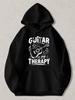 Black Music-Themed Hooded Sweatshirt with "Guitar Is My Relax" Print & Acoustic Guitar/Music - Hoodie Suitable for Musicians Casua