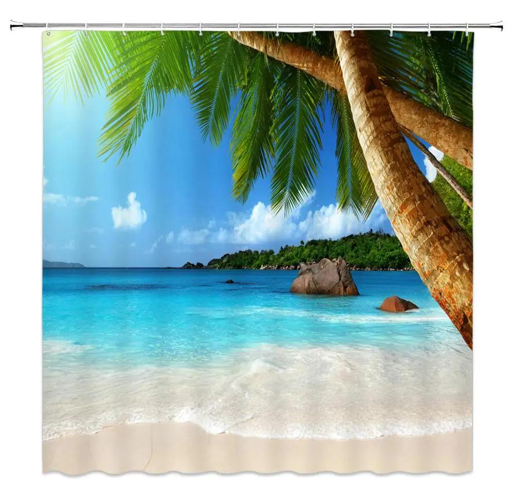 3D Shower Curtain Sunny Beach Seaside Landscape Printed Bathroom Curtain Waterproof Fabric With Hooks Home Decorate Bath Screen