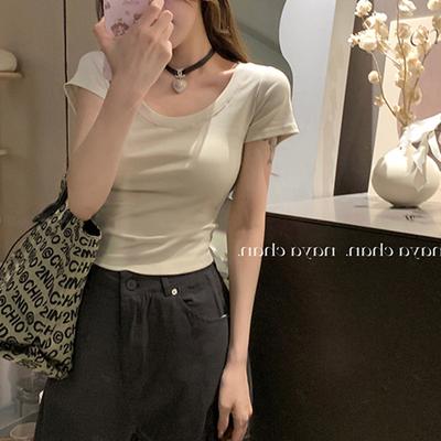 Front Shoulder U-neck Exposed Collarbone Short Sleeve Solid Color T-shirt for Women's Summer New Slim Short Inner Wear Design Top