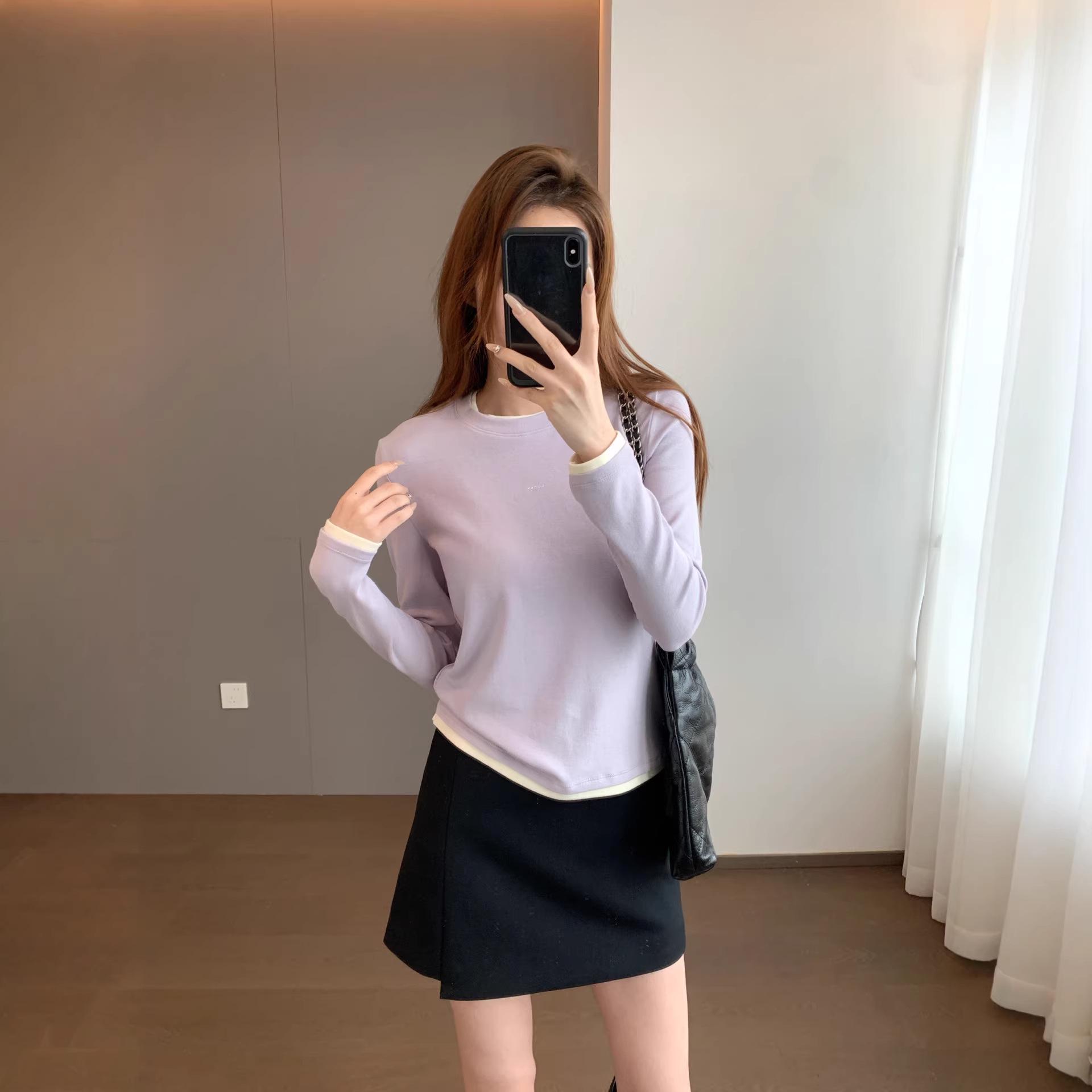 Женская шелковистая мягкая двухслойная футболка с длинным рукавом и контрастными деталями, Весна 2026 Medium