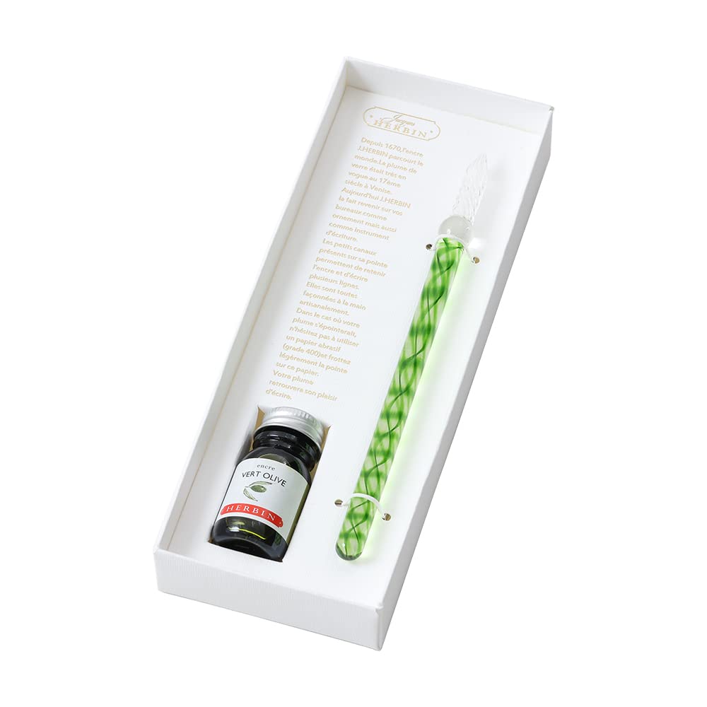 

Herbin Glass Pen Ink Set in a Special Box Spiral Green Olive Green Mini Ink Set French Brand Founded in HERBIN hb21731set & [Handcrafted] & (10ml)