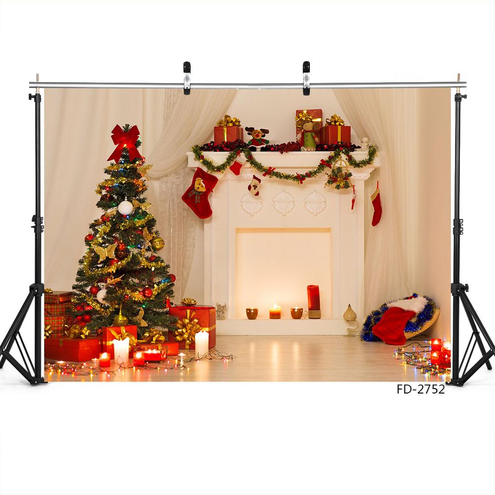 Christmas Tree Gifts White Fireplace Photography Backdrop Vinyl Studio Party Background for Baby Children Photoshoot Props