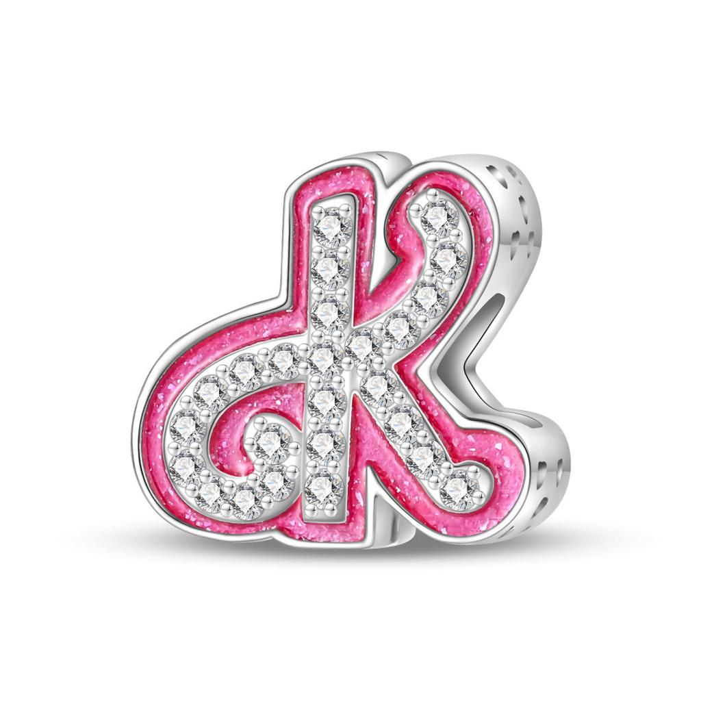 Pink Barbie Style Alphabet Bead Charms DIY Bracelet Jewelry Accessories 925 Silver