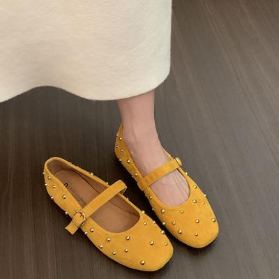 Rivet Round Head Shallow Mouth Single Shoes Women's 2025 New Korean Version of French Temperament Ballet One Word with Flat Mary Jane Shoes