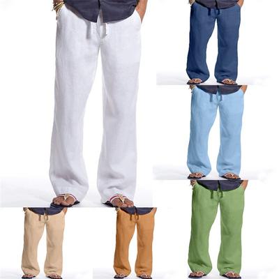 Madingos vyriškos tiesios kojos medvilninės lininės laisvos laisvalaikio kelnės, sutraukiamos kvėpuojančios kasdienės kelnės