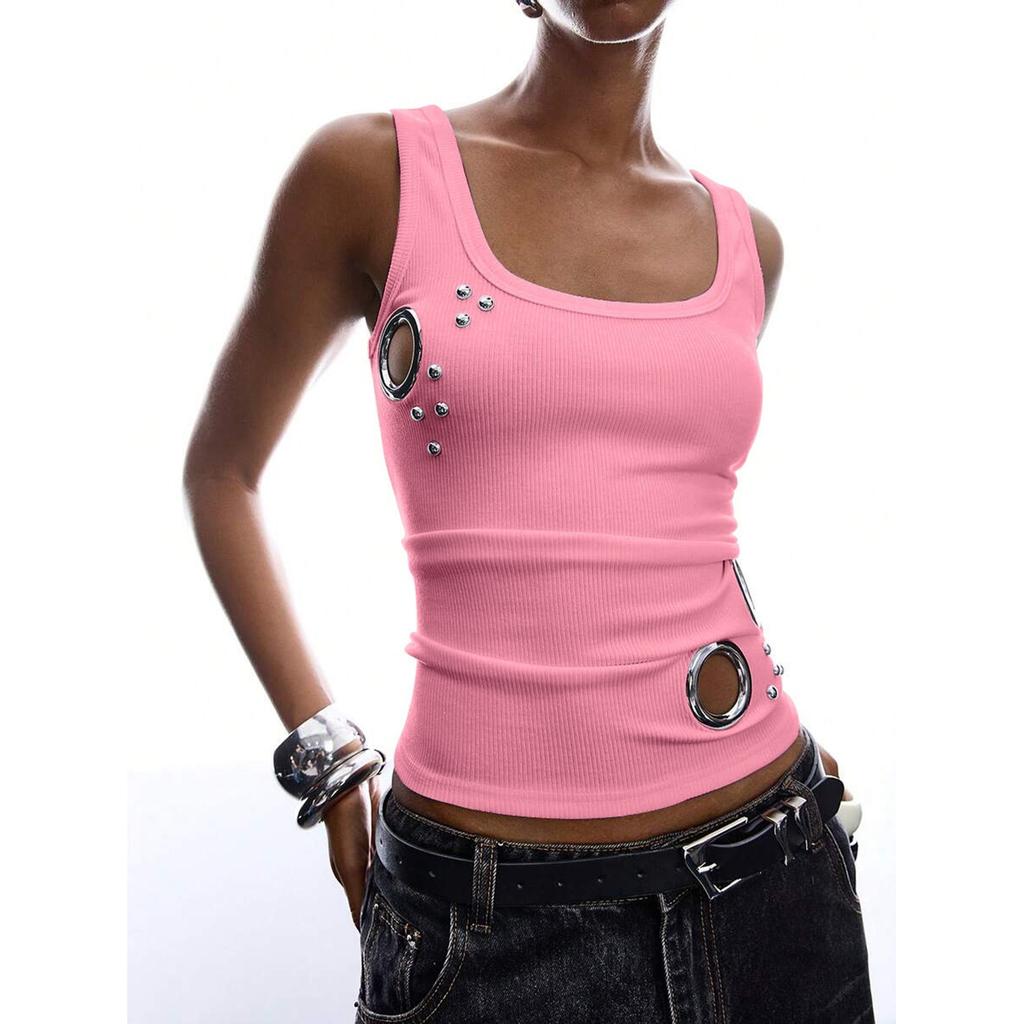 Women Sleeveless Tank Top Pullover Ribbed Knit Casual Summer Vest with Metal Ring Studded Detail Slim Fit