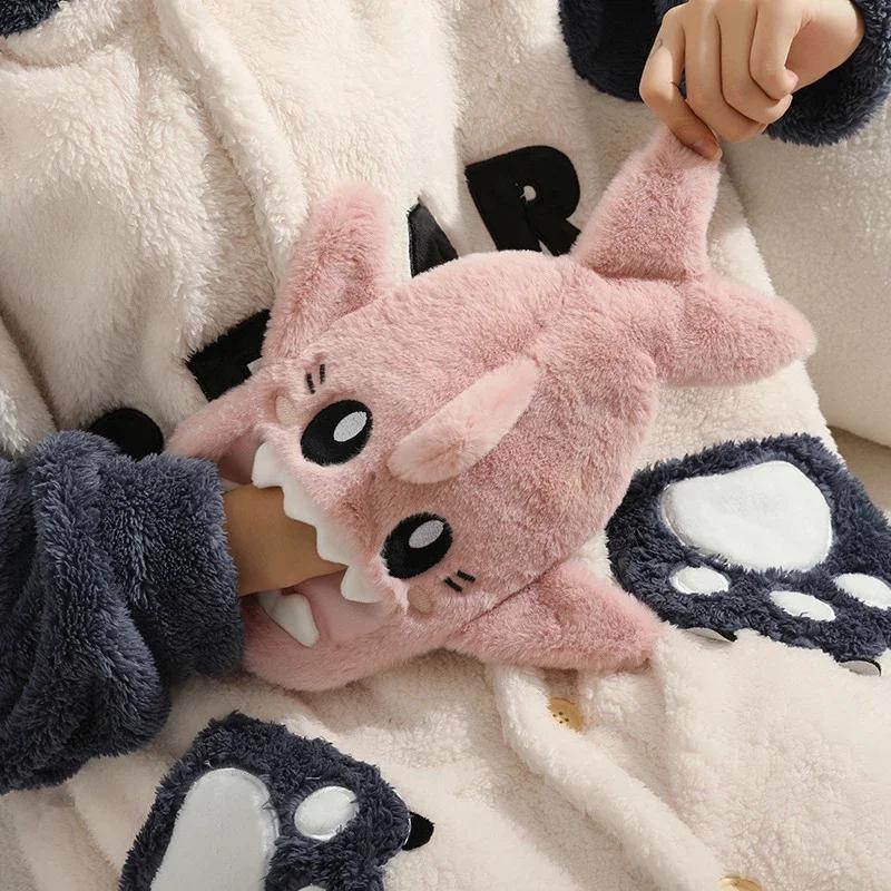 Portable Cute Plush Shark Hot Water Bottle Bag – Detachable Heat Bag, Winter Warm Pain Relief, Pink Blue Reusable Hand Warmer