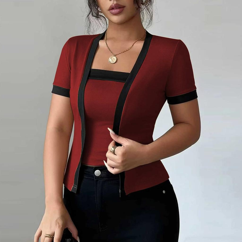 New Fashionable Women's Two-piece Color-Blocked Short-Sleeved Knit Cardigan Top