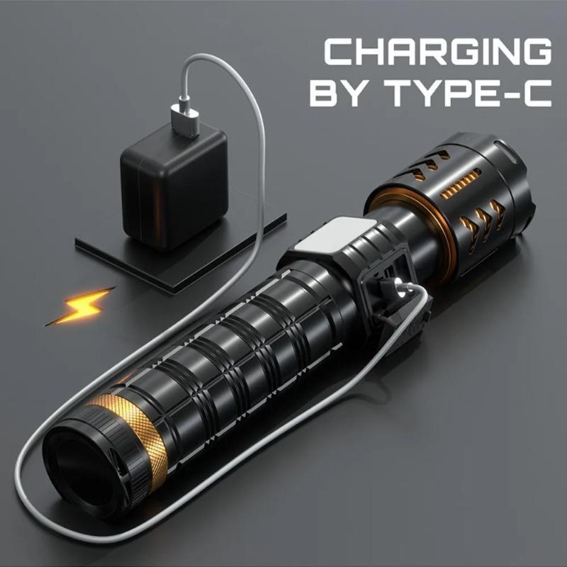 Dual Light Source Flashlight 7200mAh Rechargeable Battery Zoomable Focus Chip 8 Modes Digital Display Outdoor Camping Hikin