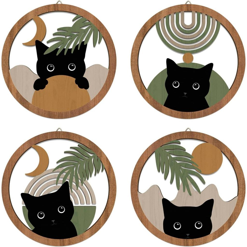 Boho Black Cat Wall Decor,Farmhouse Geometric Hanging Wooden Wall Art,4 Pieces 10''x10'' Mid Century Bohemian Abstract Moon and Sun Wood Sign