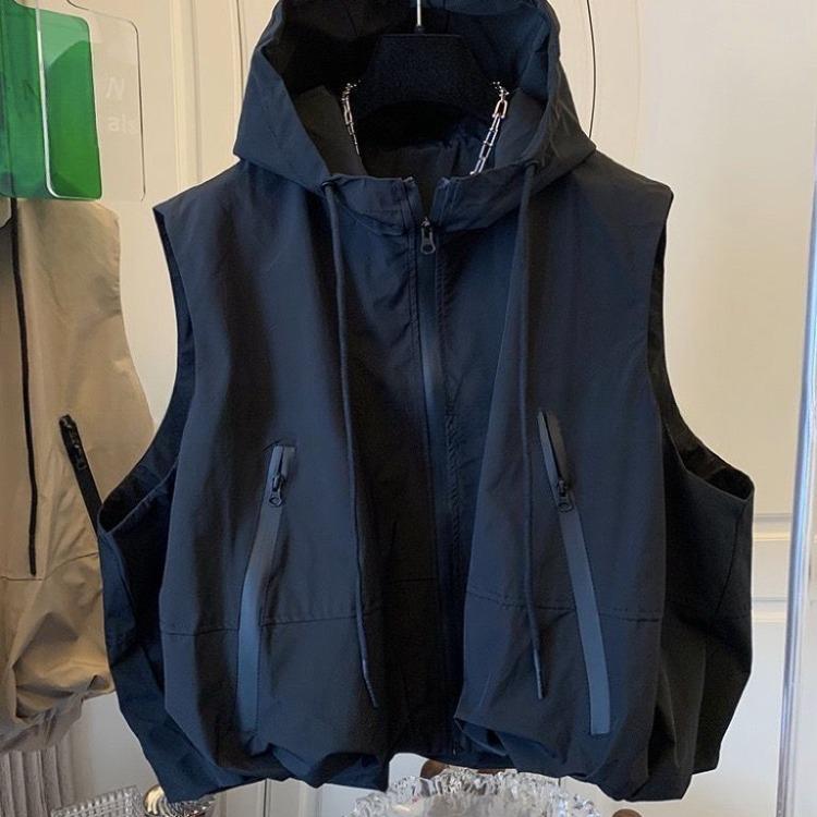 Women Spring Summer Layered Vest Casual Hooded Windbreaker Workwear Sleeveless Jacket Trendy