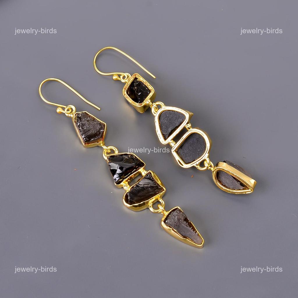 Natural Smoky Quartz Gold Plated Trendy Dangling Electroformed Earrings Jewelry V-115