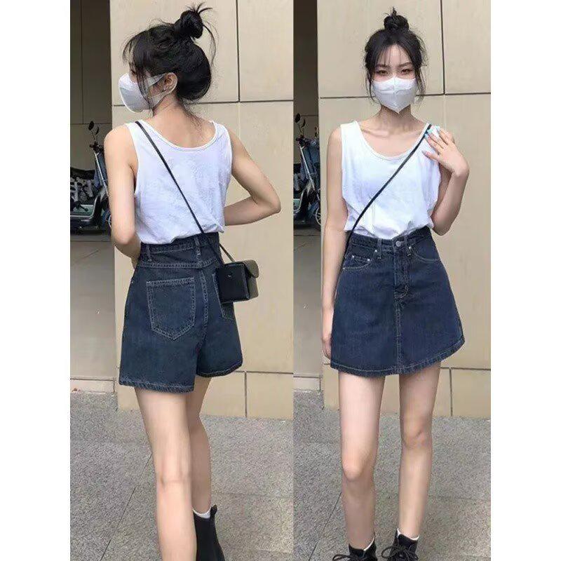 Women's High-Waist A-Line Denim Skort - American Retro Style, Anti-Exposure, Slimming Fit