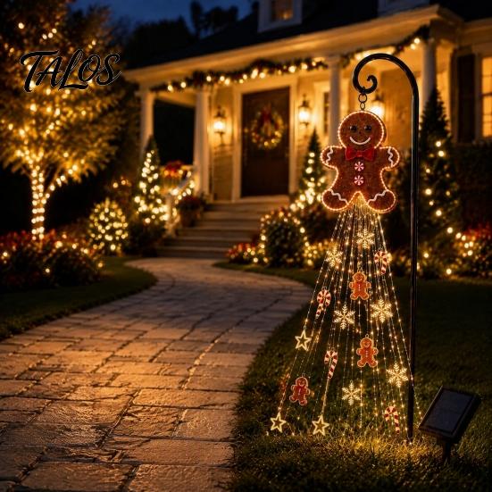 Outdoor Gingerbread Man Lights Solar Garden Light, Waterproof Yard Light with Warm Christmas Stakes Waterfall LED, Pathway Stake Lamp for Lawn