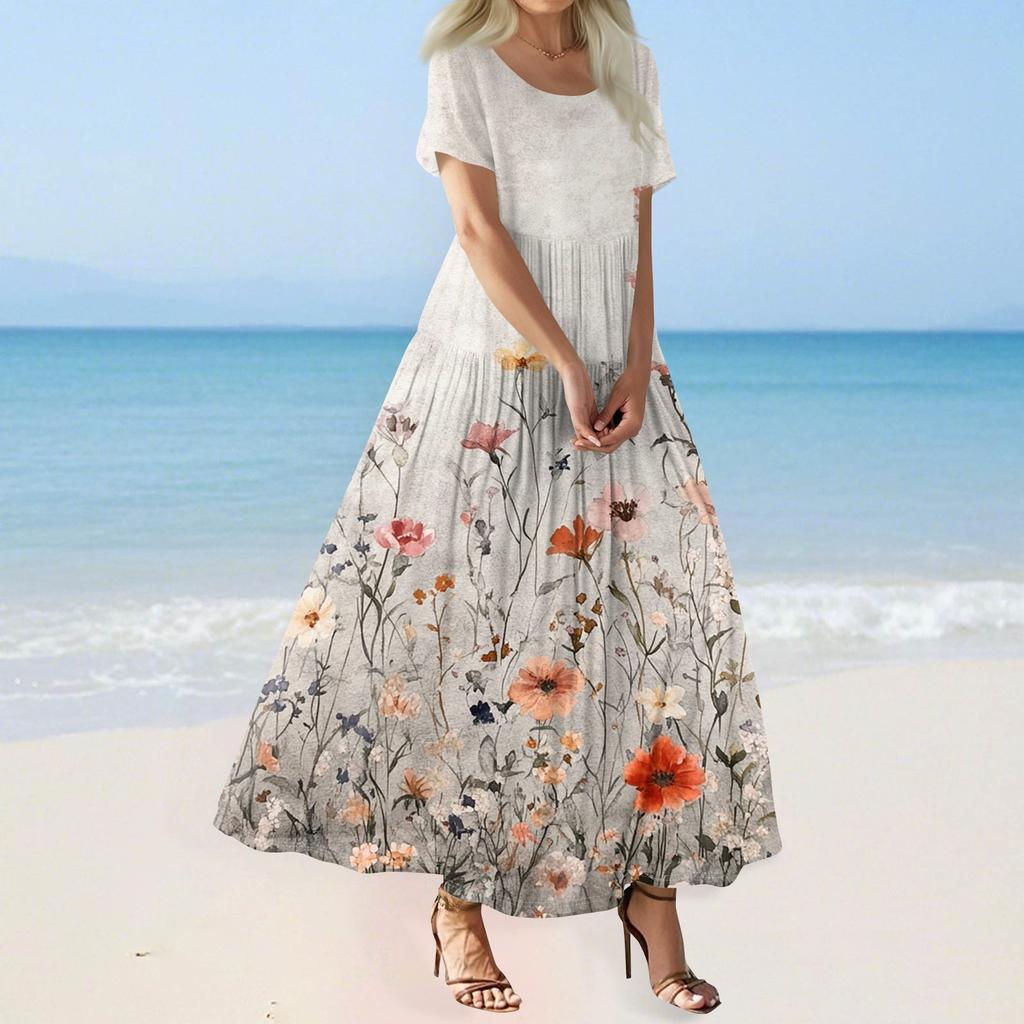 Damen Sommer Casual Blumendruck Kurzarm O-Ausschnitt Hohe Taille A-Linie Stufen Fließendes Boho Maxikleid