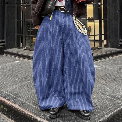 Men Zip-up Waist Striped Loose Casual Baggy Pants Long Trousers