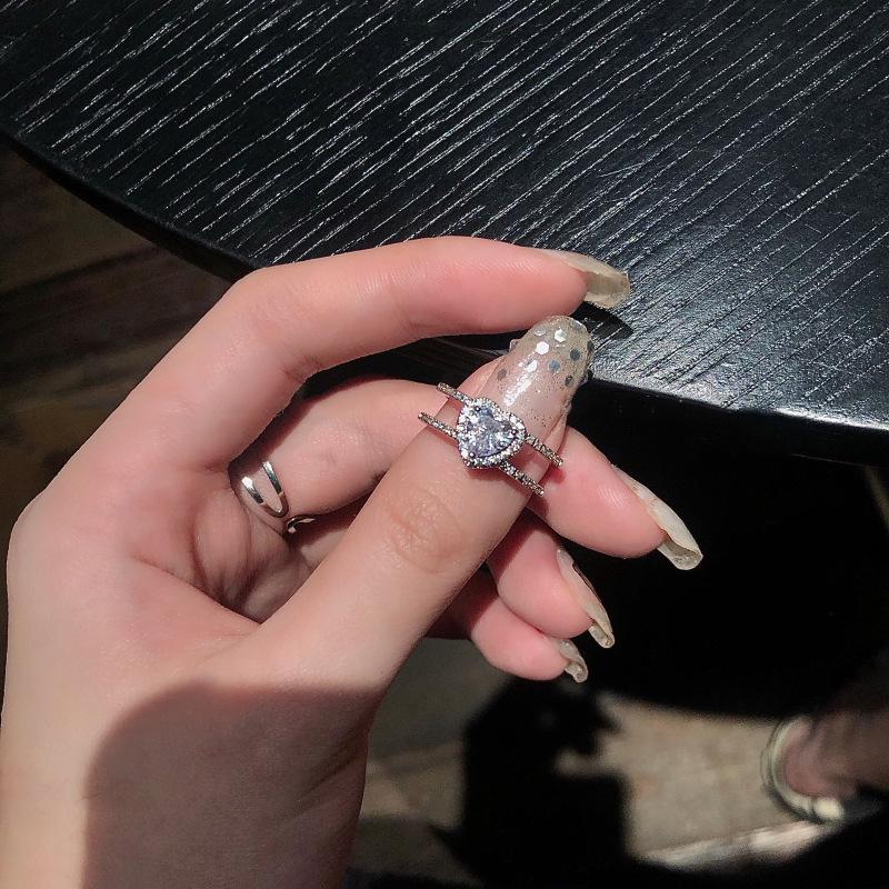 Trendy Double-Layer Heart Ring for Women: Light Luxury with Heart-Shaped Zircon and Rhinestones Adjustable Opening