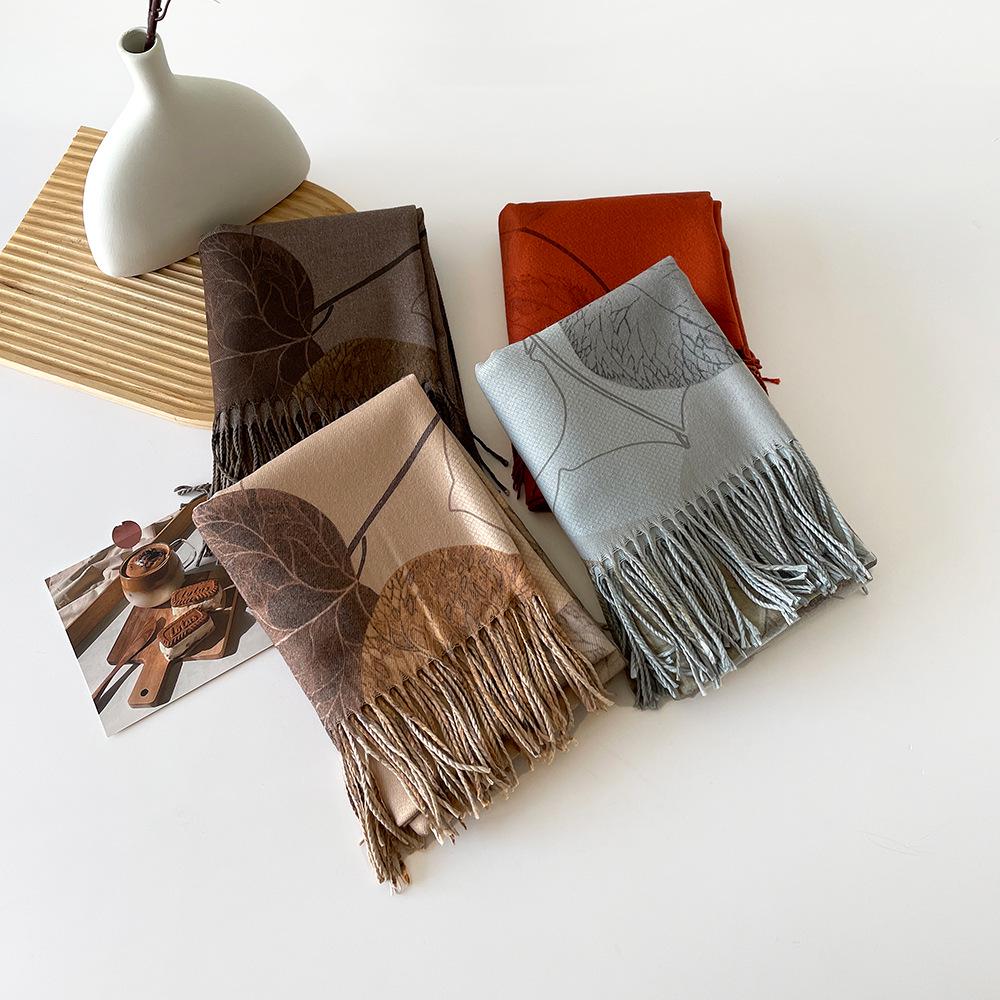 Long Digital Print Cashmere-Like Scarf, Leaf & Orange Design with Tassels, Warm Coffee Color Shawl for Women, Perfect for Spring & Autumn