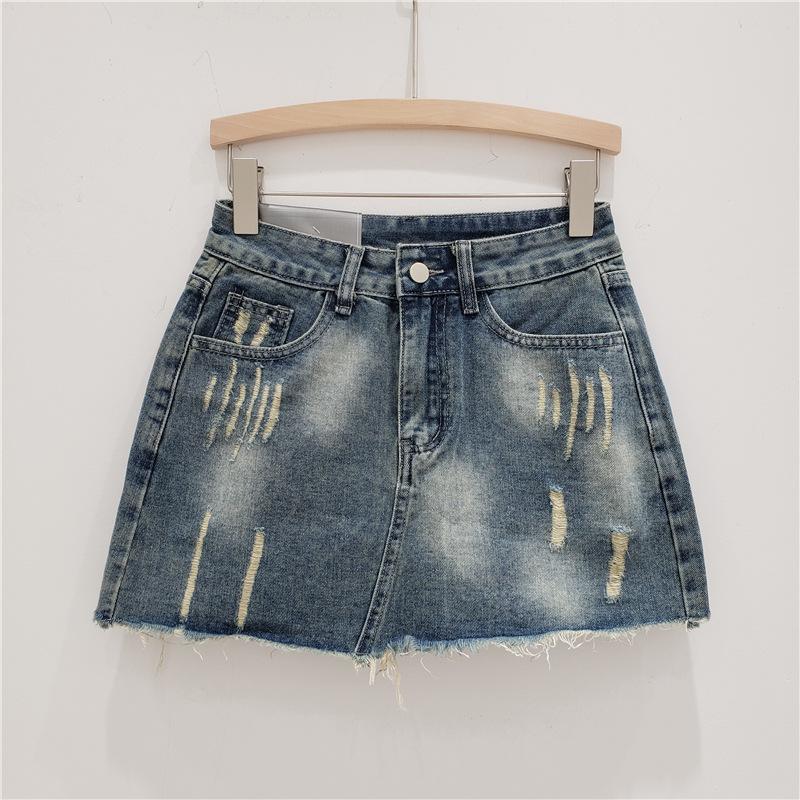 American retro worn denim skirt women s summer high waist and thin rough edge Spice girl hip skirt A word short skirt S синий
