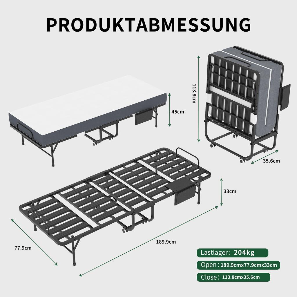 190 × 78 Cm Folding Twin Bed with 9.5 Cm Memory Foam Mattress, Portable Guest Bed/Rollaway Bed Incl. Sturdy Metal Frame & Storage Bag